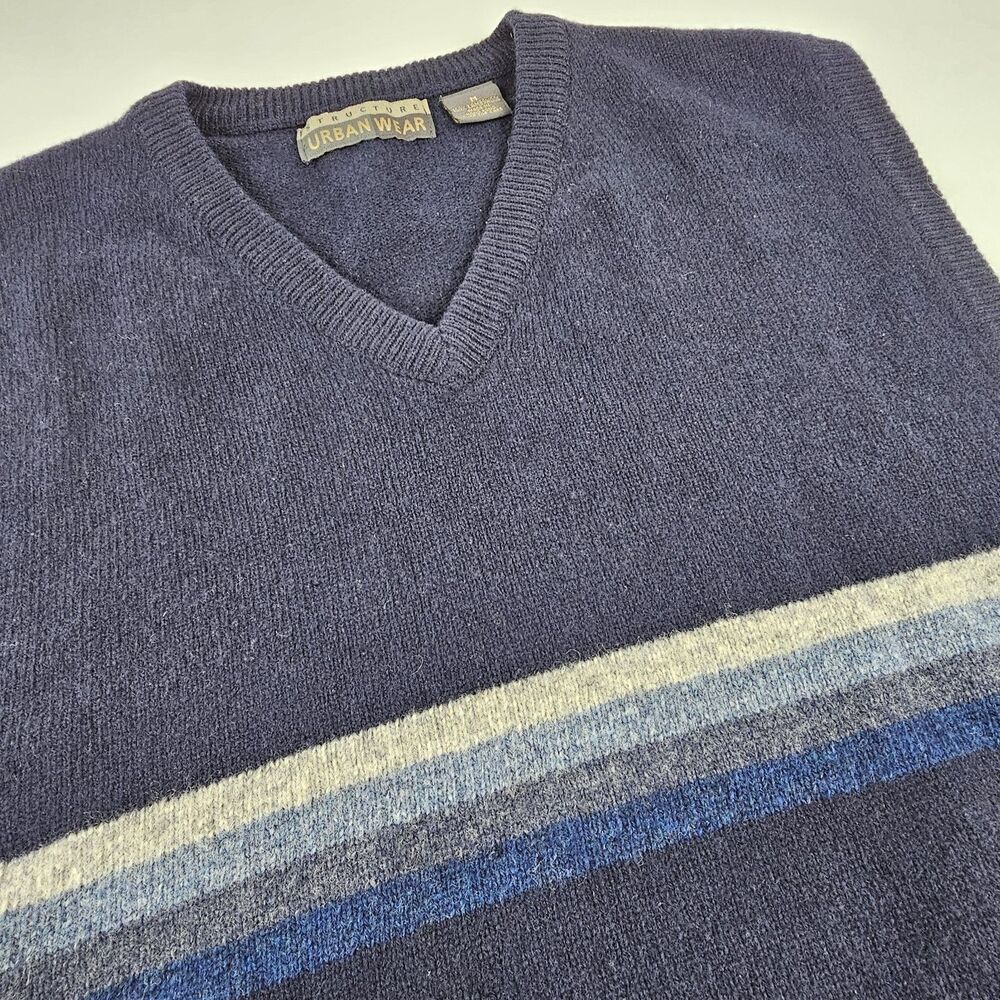 Vintage Structure Urban Wear Mens M 100% Lambswool Sweater Vest Navy Stripe Prep